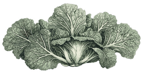 Vintage engraving style 1960s cabbage with intricate details, soft green leaves, aged textures, classic plant illustration, retro botanical art, detailed foliage, antique prints