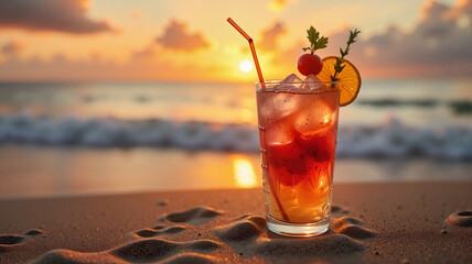 Obraz premium Vibrant Caesar cocktail displayed on sandy beach at sunset, summer delight