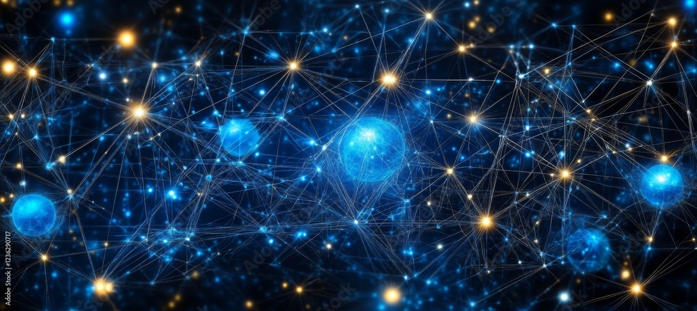 Wall mural abstract network structure golden lines and bright spheres on vivid synthwave background