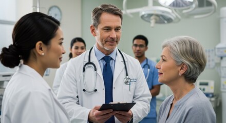 Fototapeta premium Professional Healthcare Consultation in a Modern Medical Facility Featuring Doctors and Patient Interaction