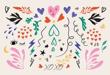 Abstract doodle-style heart illustration. Pink valentines day hearts, flower and plants. Isolated vector objects.