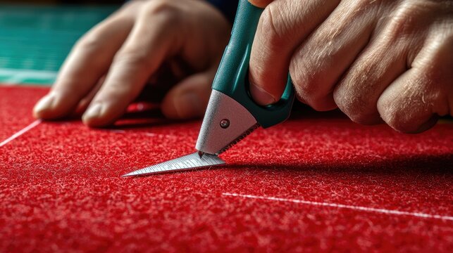 Precision cutting of red felt fabric using a rotary cutter on a tailor's cutting mat.