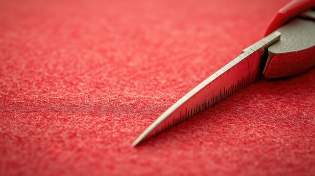 Precision cutting of red felt fabric using a rotary cutter on a tailor's cutting mat.