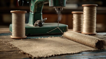Sewing machine needle threading khadi fabric, with spools of earthy-toned thread beside it.