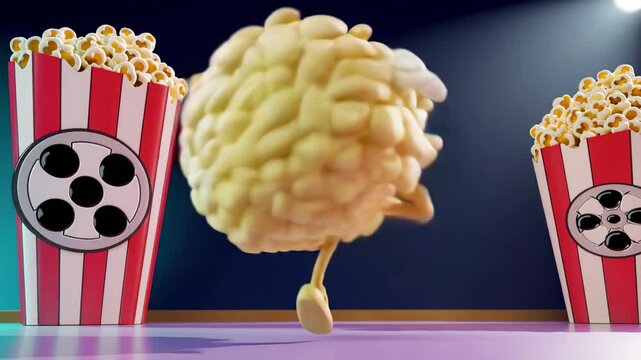 Cartoon popcorn character dancing between two large popcorn buckets on a stage with cinematic elements.