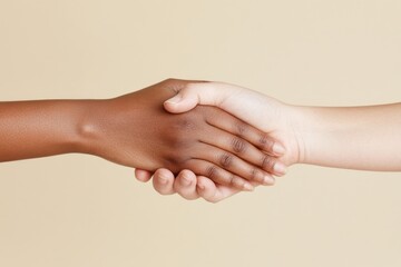 Fototapeta premium Two Hands of Different Skin Tones Engaging in a Firm Handshake Against a Soft Beige Background, Symbolizing Unity and Connection