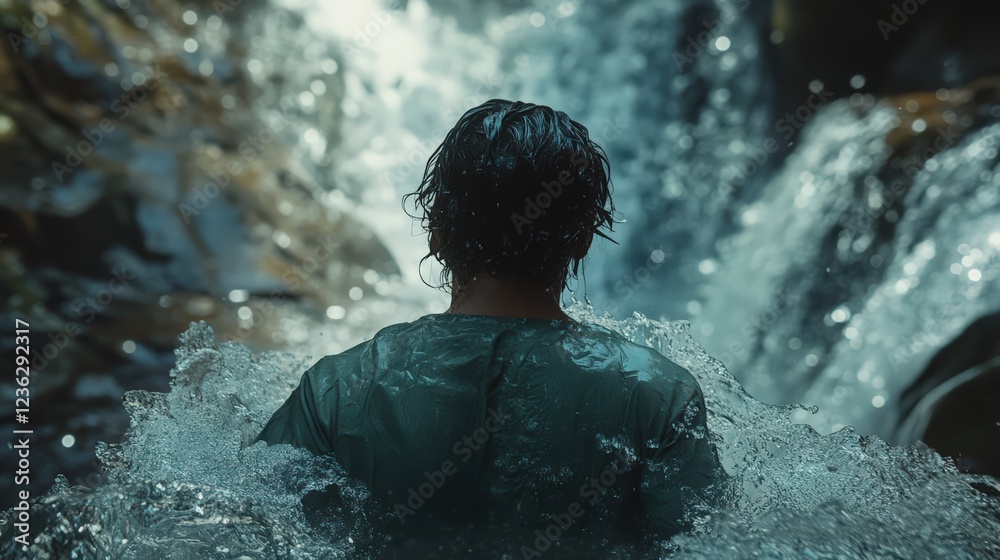 Wall mural a man immersed in a powerful waterfall his back to the viewer enjoying nature