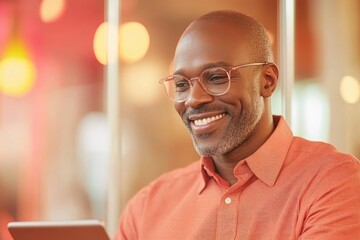 Young Professional Man Engages With Tablet in Modern Co-Working Space Under Vibrant Lighting