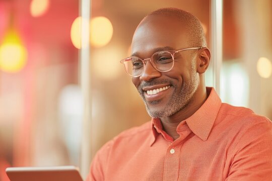 Young Professional Man Engages With Tablet in Modern Co-Working Space Under Vibrant Lighting