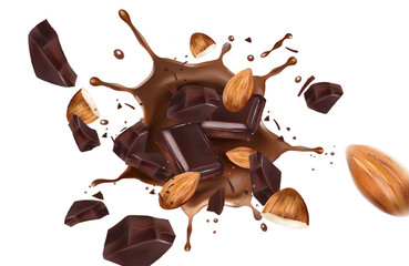 Chocolate liquid splashing with chocolate of pieces in the middle isolated on white background, Vector realistic in 3d illustration.