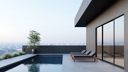 Fototapeta premium Luxurious modern penthouse with a stunning rooftop garden and pool offering panoramic city skyline views and premium outdoor living and leisure amenities