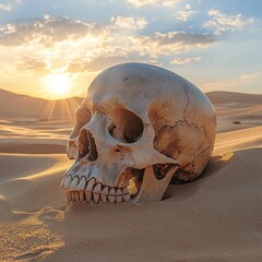 Skull in desert sand at sunrise