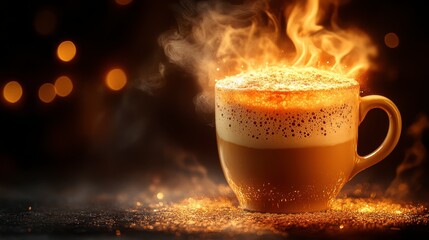 Flaming hot coffee drink, night bokeh background, winter warmth