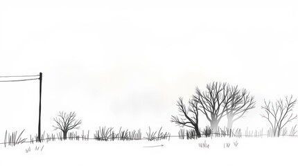 Obraz premium Winter landscape drawing tutorial simple black and white minimalist nature scene sketch