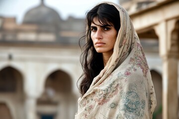 Naklejka premium Elegant Woman in Traditional Shawl at Historic Indian Architectural Site