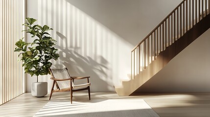 Fototapeta premium Modern minimalist interior with wooden staircase and armchair