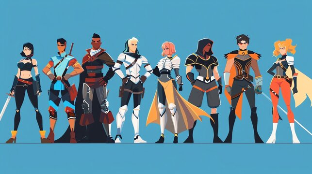 A group of cartoon anime characters in futuristic clothing.