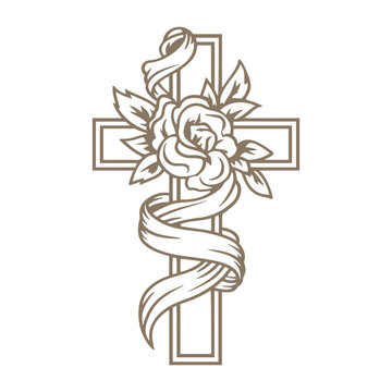 Floral cross symbol. Christian cross sign with rose flower and ribbon. Vector illustration