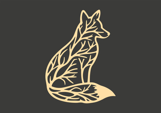 Tribal fox design. Wild forest animal silhouette with tree branches. Vector illustration.