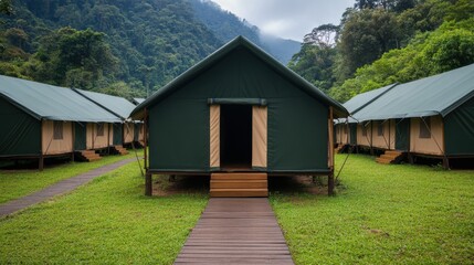 Fototapeta premium Luxurious Jungle Adventure Campsite Surrounded by Rugged Tents and Lush Greenery A Serene Escape into the Heart of Nature for Outdoor Enthusiasts and Thrill Seekers