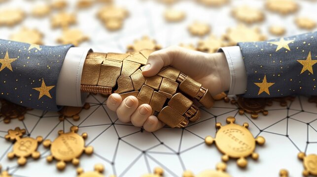 Human and robotic handshaking gold robotic arm and human hand shaking on a network of golden coins