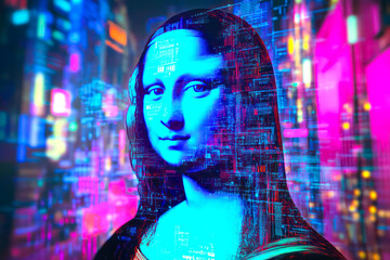 Generate an AI-driven, 3D detailed portrait of the Mona Lisa with a cybernetic twist. 