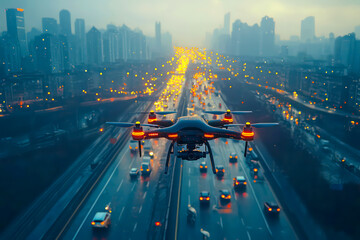 Highway With Cars And A Drone Flying Over The City 3d Rendering 