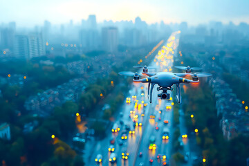 Highway With Cars And A Drone Flying Over The City 3d Rendering