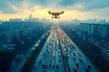 Highway With Cars And A Drone Flying Over The City 3d Rendering 