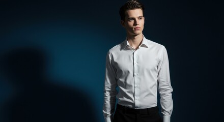 Fototapeta premium Stylish Young Man in Formal White Shirt Posing Against Dark Background, Perfect for Fashion and Professional Portraiture.