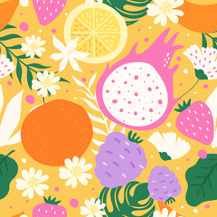 Seamless pattern fruits and flower on yellow pastel backgroud. mulberry, Dragon fruit, Strawberry, Banana, Lemon, Orange. Vector illustration.
