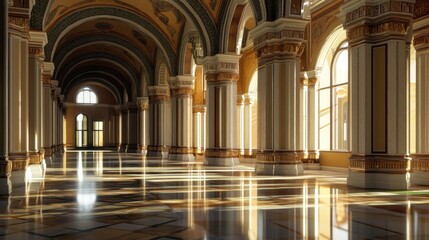 Obraz premium Sunlit Palace Hallway, Marble Floor, Archway, Windows, Elegant Interior