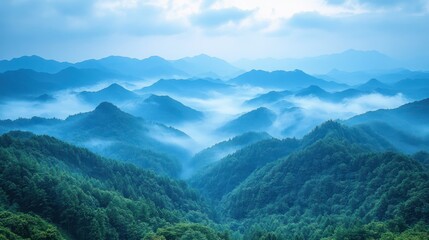 Misty mountain range, scenic view, serene landscape, travel poster