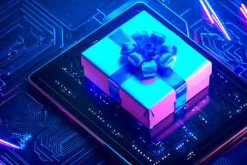 On an open tablet, there is an open gift box with a blue ribbon on it, data flying out, a purple light effect, on a dark background with a blue glowing effect, in isometric view.