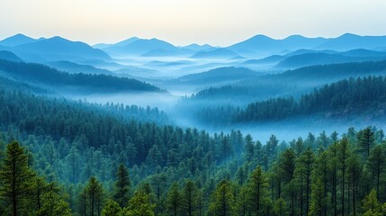 Obraz premium Misty mountain valley view of pine forest at dawn