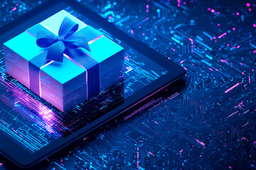 On an open tablet, there is an open gift box with a blue ribbon on it, data flying out, a purple light effect, on a dark background with a blue glowing effect, in isometric view. 