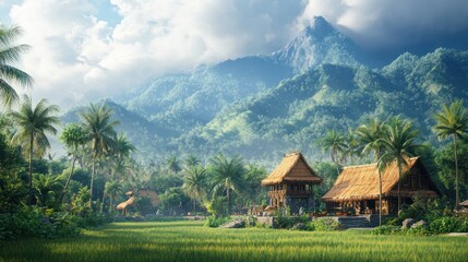 Tropical Village Rice Paddy Mountain Sunrise