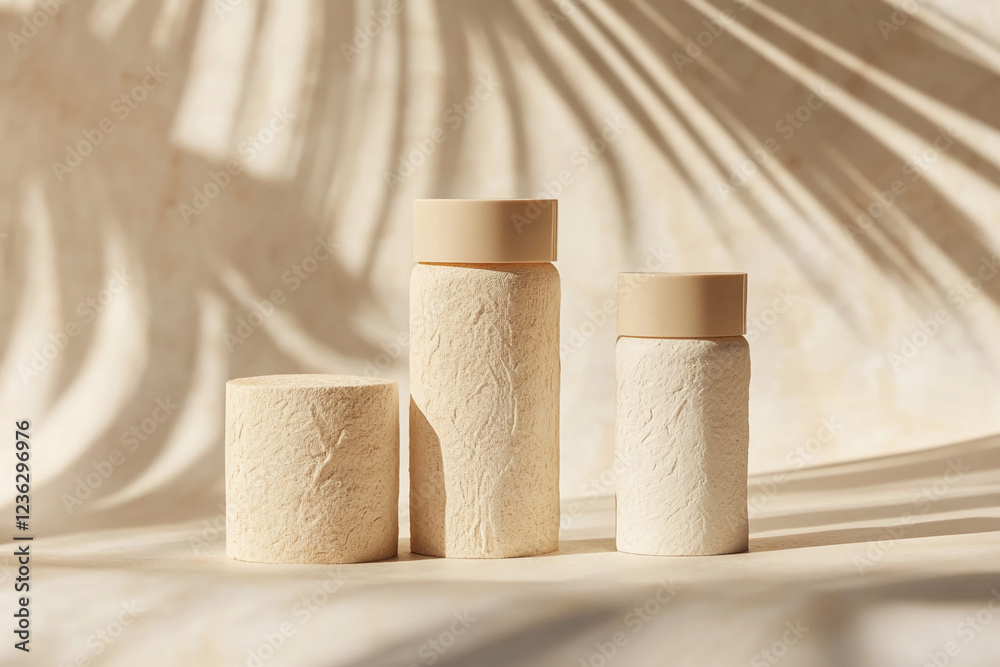Poster natural textured storage containers in soft neutral tones, illuminated by sunlight, showcasing an ec