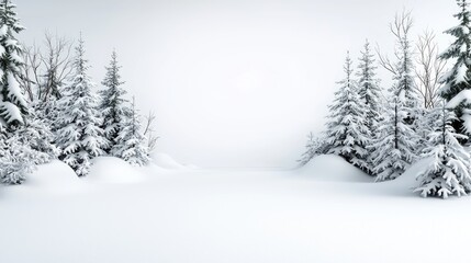 Fototapeta premium Snow-covered pine trees frame a clean winter clearing under a soft white sky.