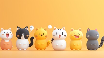 A row of six cute cartoon cats on an orange background.