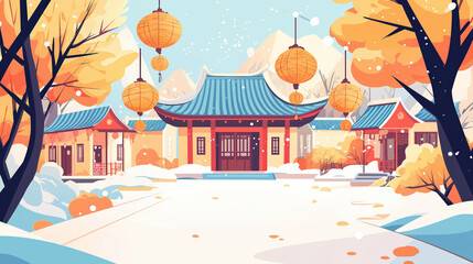 Chinese new year, traditional Chinese architectures, festive mood, Chinese new year tradition, minimalist flat illustration, vector art poster, festival poster design, high resolution