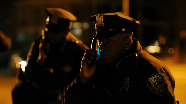 A group of multiracial police officers working outdoors at night, standing together as they monitor the area, equipped with flashlights and radios