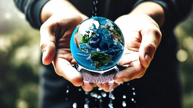Blue planet earth glass ball in human hands with flowing water. Hunger. Water problems, global warming, drought, water shortage in the world, health problems, poverty and misery in countries. Climate 