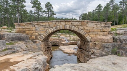 Stone arch bridge over creek, forest background, tranquil scene. Possible use Nature, travel, or tourism