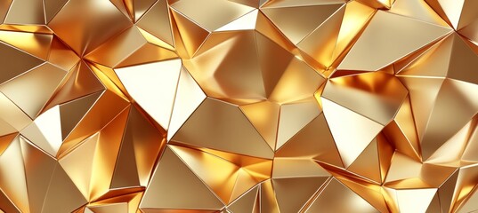 Abstract Golden Background, Geometric Pattern With Triangles, Sharp Edges, And Light Reflections.