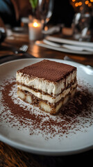 A traditional tiramisu layered with espresso-soaked ladyfingers, mascarpone cream, and a dusting of cocoa.