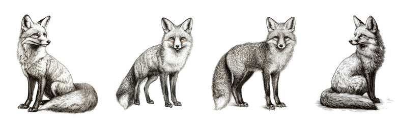 Fototapeta premium Four detailed illustrations of foxes showcasing their unique features and poses.