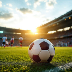 Obraz premium Typical spherical ball for association football or soccer in focus in foreground on grass, blurred background of stadium spectator areas in background.