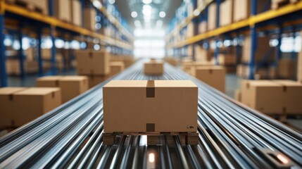 Fototapeta premium Boxes on conveyor belt in warehouse.