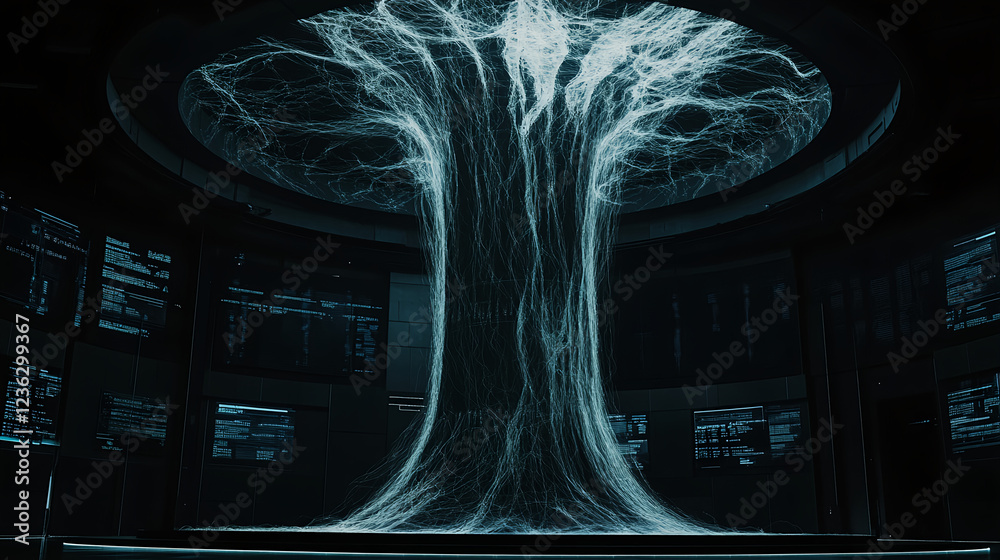 Poster visualizing data streams futuristic technology interface digital lab 3d visualization high-tech envi